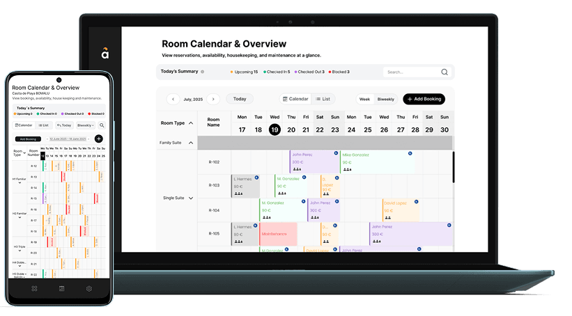 Amiqa PMS — Calendar view with drag-and-drop bookings, room types, and guest management